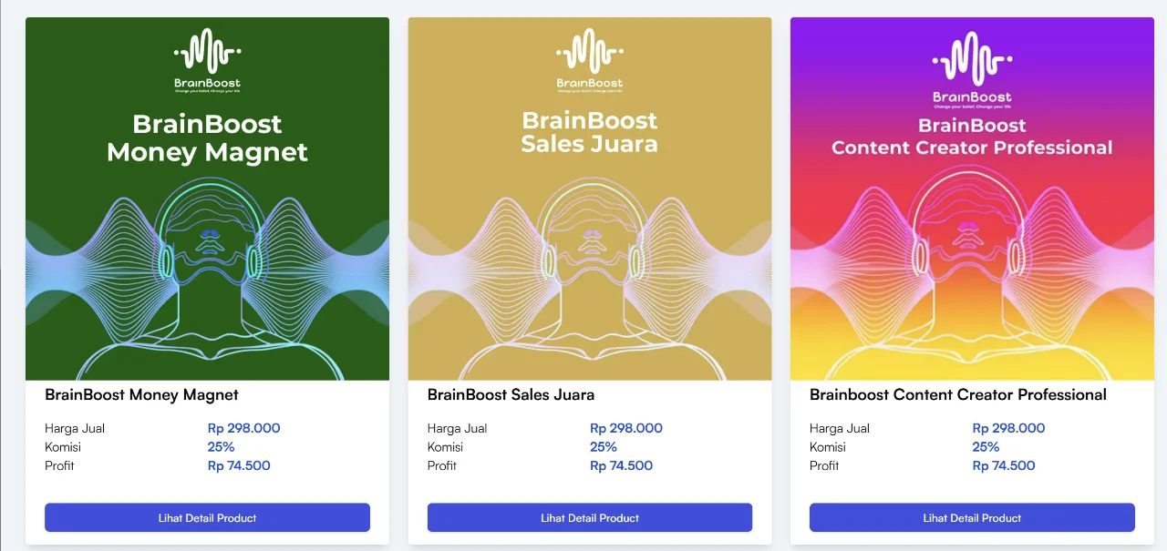Produk digital: BrainBoost Money Magnet, Sales Juara, Content Creator Professional