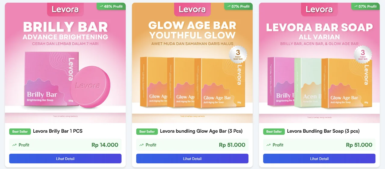 Produk fisik: Levora Brilly Bar, Glow Age Bar, Bundling Bar Soap